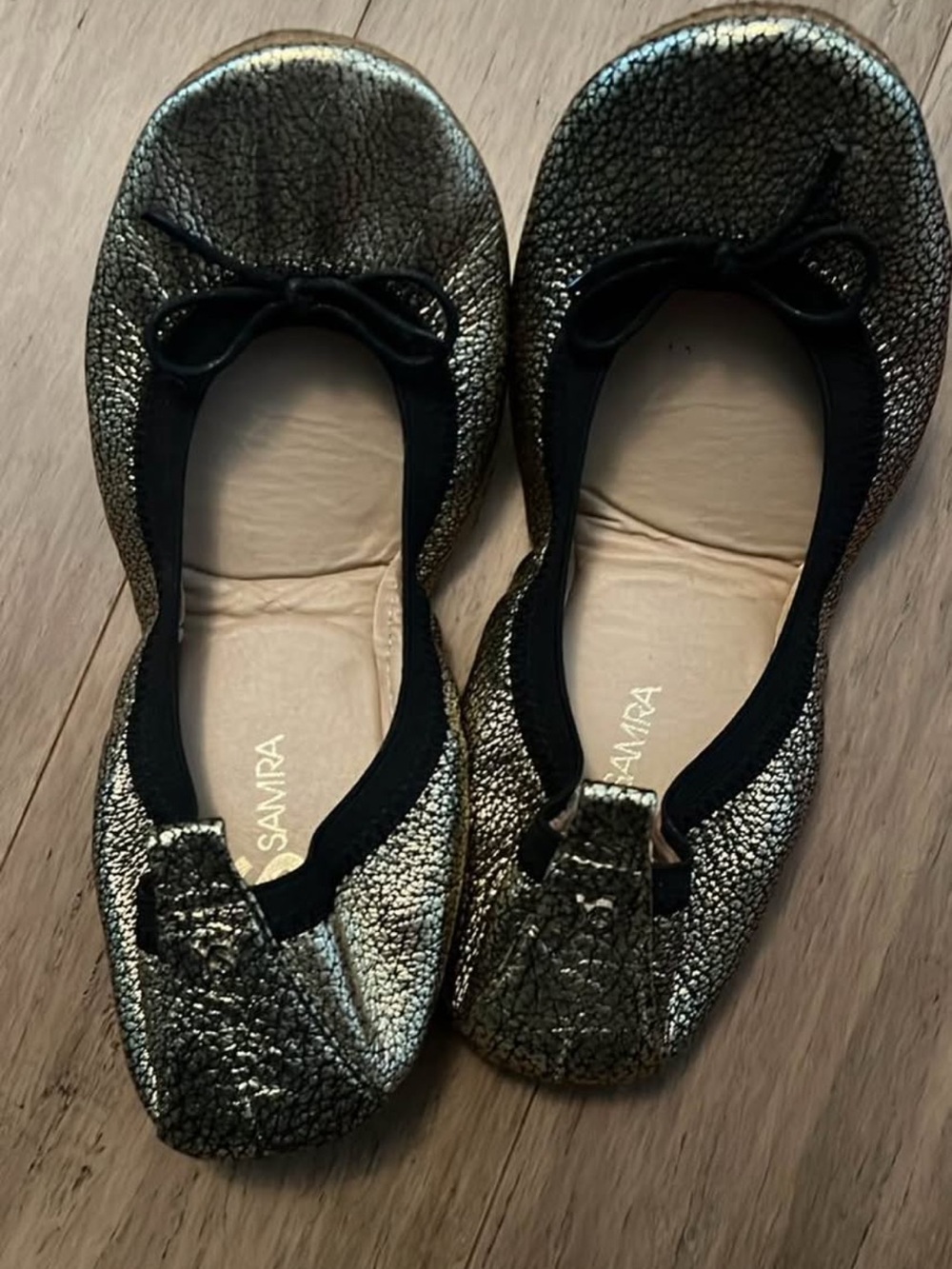 Yosi Samra Metallic Gold Crinkle Ballet Flats with Bow